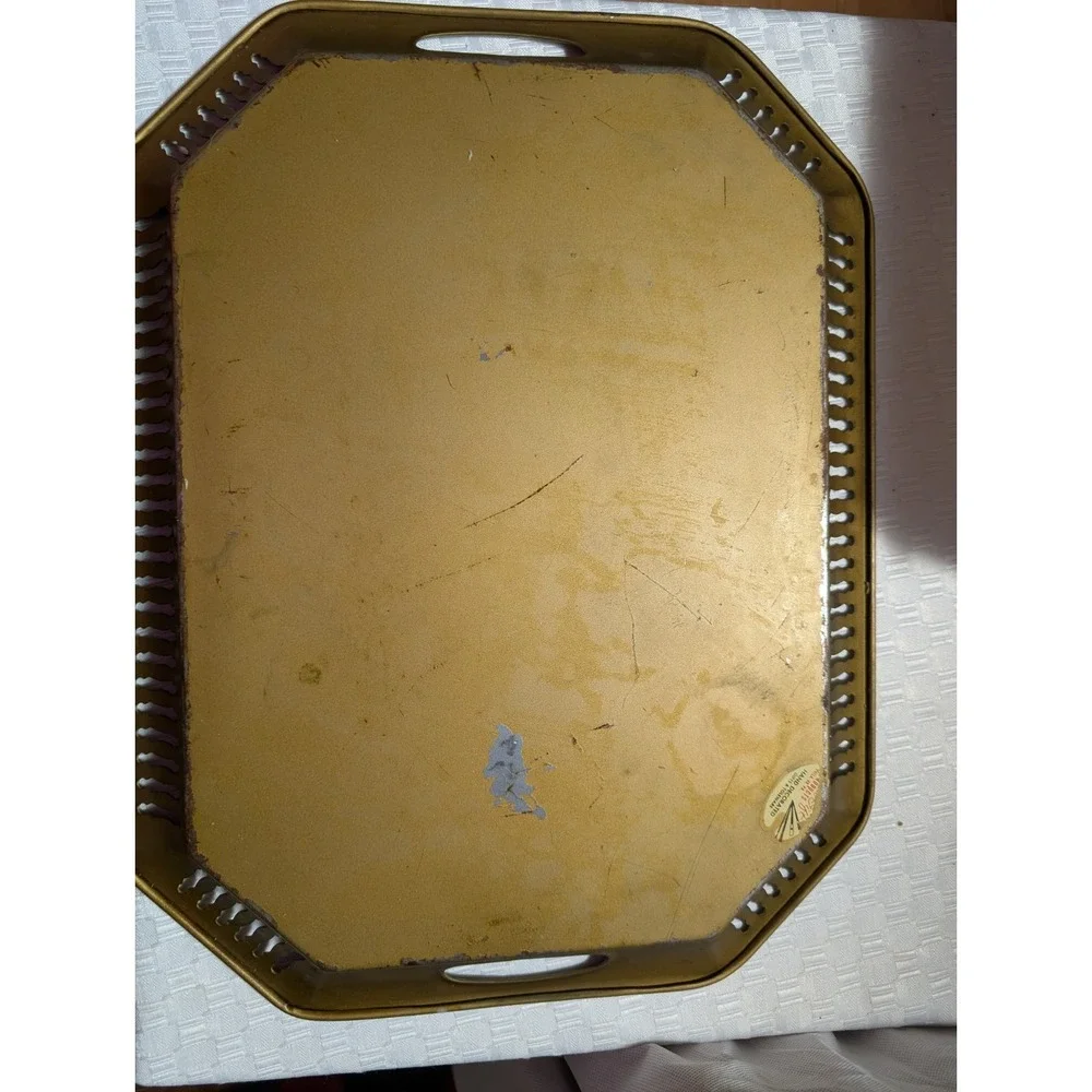 Vintage Toleware Tole Hand Painted Floral Metal Tray Gold w/ White Flowers